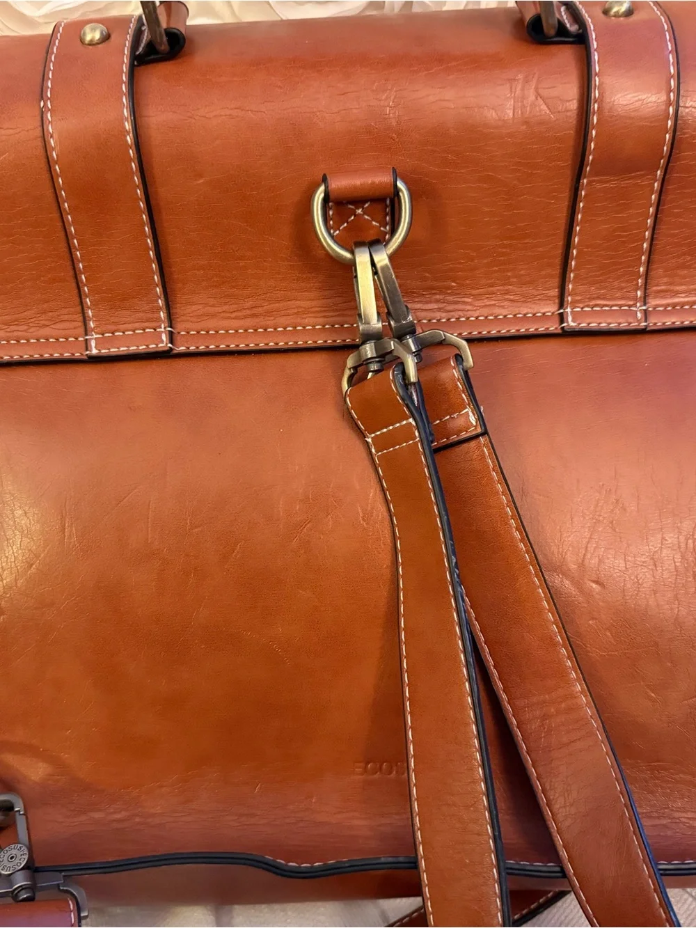 Large Men's Tan Leather Messenger Bag with Decorative Laser-Cut Front 12x15x5